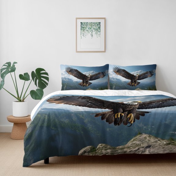 Bald Eagle Soaring Mountains Wild Birds California King Size Bed Set,Nature Photography Bedding for All Season,4Pcs Bed Set with 1 Quiltcover (96"x104"),1 Sheet (110"x98"),2 Pillowcases (20"x36")