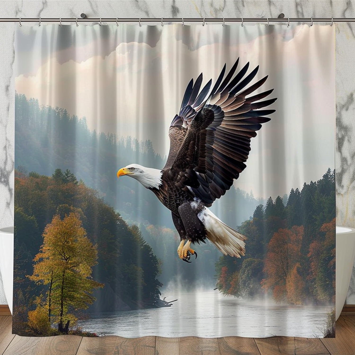 Bald Eagle Soaring River Valley Shower Curtain Nature Inspired