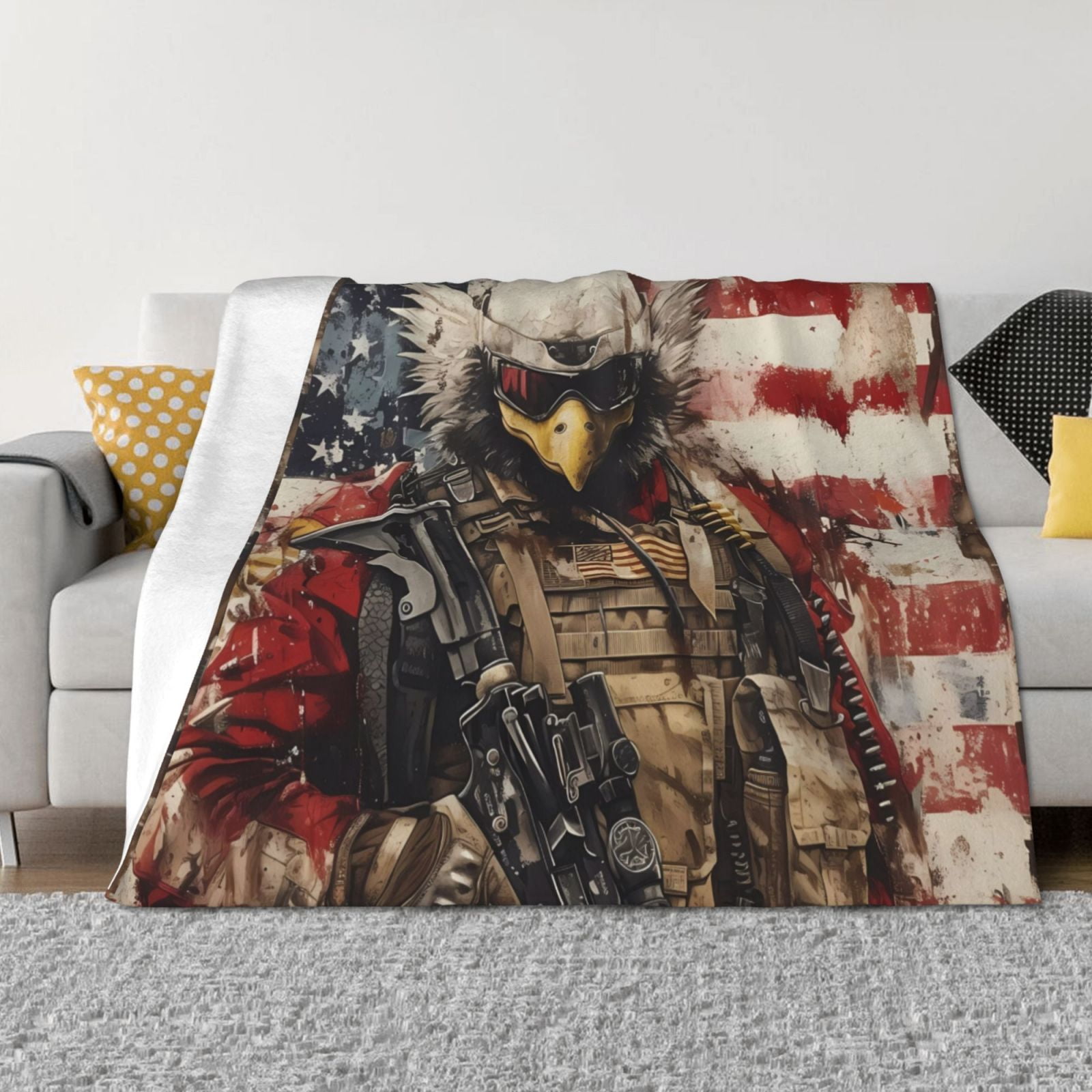 Bald Eagle Soldier Throw Blanket for Couch, Soft Fuzzy Comfy Warm Throw
