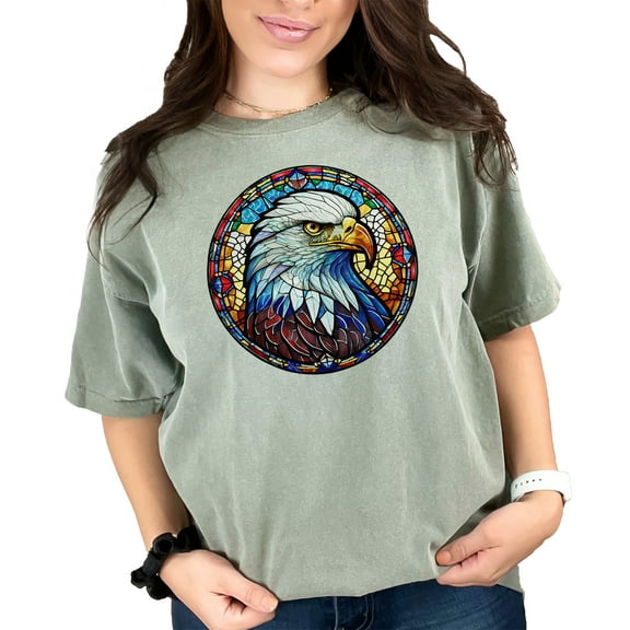 Bald Eagle Stained Glass Artwork T-Shirt, Patriotic Eagle Graphic Tee, Colorful Eagle Design Shirt, American Eagle T-Shirt, Moss Comfort Colors T-Shirt, XL
