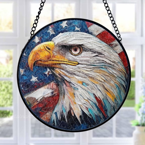 Bald Eagle Stained Glass Suncatcher Metal Outdoor Decor Patriotic Red White Blue