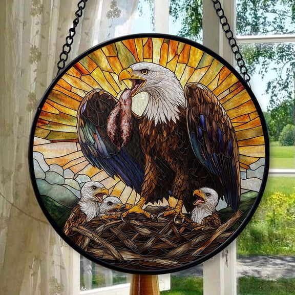 Bald Eagle Stained Glass Suncatcher – Patriotic Window Hanging – Eagle Family Nest Art – Wildlife Decor – Father’s Day Gift for Him, Stained Glass Ornament 2025, Holiday