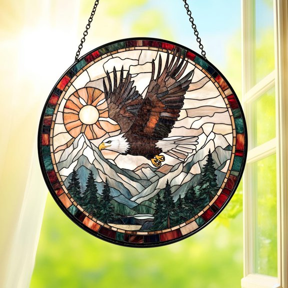 Bald Eagle Stained Glass Suncatcher Round Window Hanging Mountain Landscape Nature Bird Glass Decor