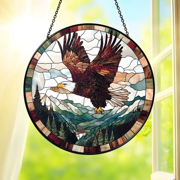 Bald Eagle Stained Glass Suncatcher Round Window Hanging Nature Bird Art Home Decor Gift