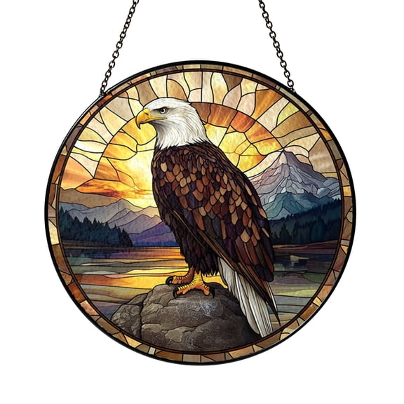 Bald Eagle Stained Glass Window Hanging with Majestic Mountain Scene, Powerful Wildlife Inspired Suncatcher Decor