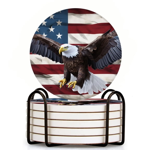 Bald Eagle Superimposed Over UsFlag Set of 6 Ceramic Coasters with Holder, Absorbent Drink Bar Coasters, Table Coasters for Living Room Decor Tabletop Protection