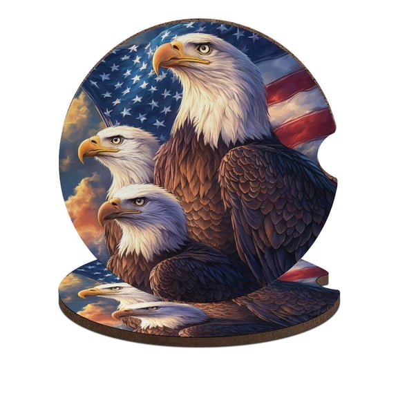 Bald Eagle U.S.A Flag on The Peak Car Coasters for Drinks with A Finger Notch for Easy Removal Cup Holder Coaster Cup Mat Car Interior Accessories 2PCS