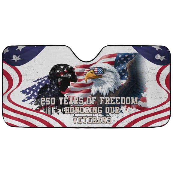 Bald Eagle Veterans 250 Years of Freedom Car Sunshade, USA Birthday Celebration Patriotic Eagle Windshield Sun Shade, American Flag Auto Sunshade