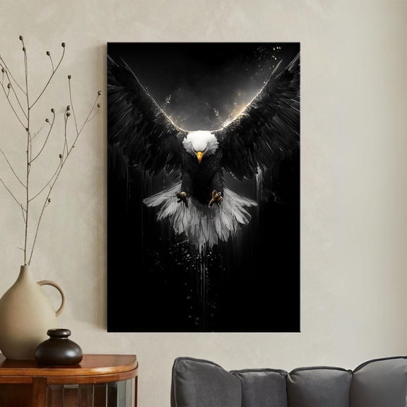 Bald Eagle Wall Art Print, Majestic Wildlife Black and Gold Flying Animal Decor