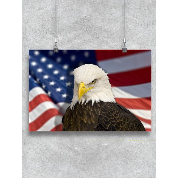 Bald Eagle With American Flag Poster -Image by Shutterstock