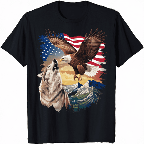 Bald Eagle Wolf American Flag USA Spirit Patriotic T-Shirt For Men Women
