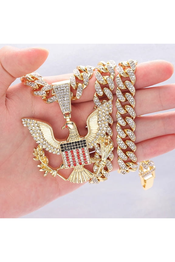 Bald Eagle badge necklace&Pendant Charm Animal Chain Necklace 14K Yellow Gold Iced Out Crystal Cuban chain Men Hip Hop Jewelry gift