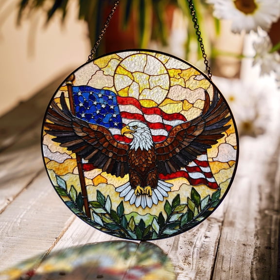 Bald Eagle with American Flag Art Glass Suncatcher, Patriotic Window Decor 4th of July Gift for Veteran or Dad