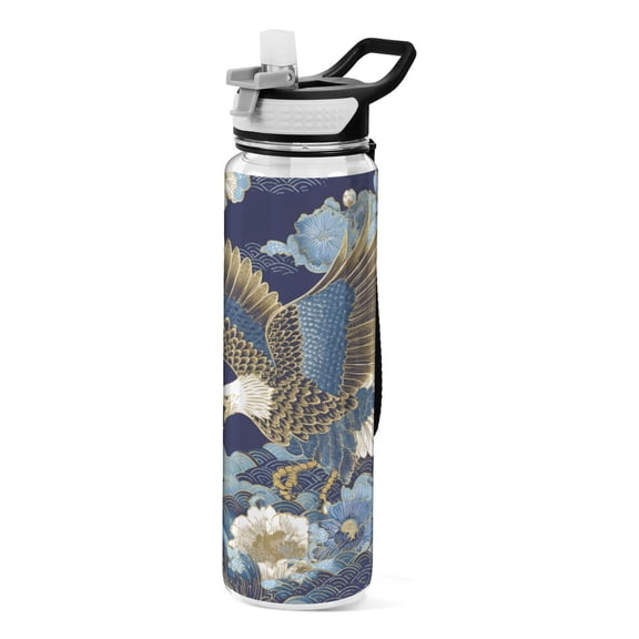 Bald Eagle with Blooms Sport Water Bottle Tritan with Straw 1000ml Portable for Outdoor Daily Use