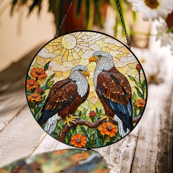 Bald Eagles Perched among Orange Flowers Glass Suncatcher, for Dad, 3.5 in