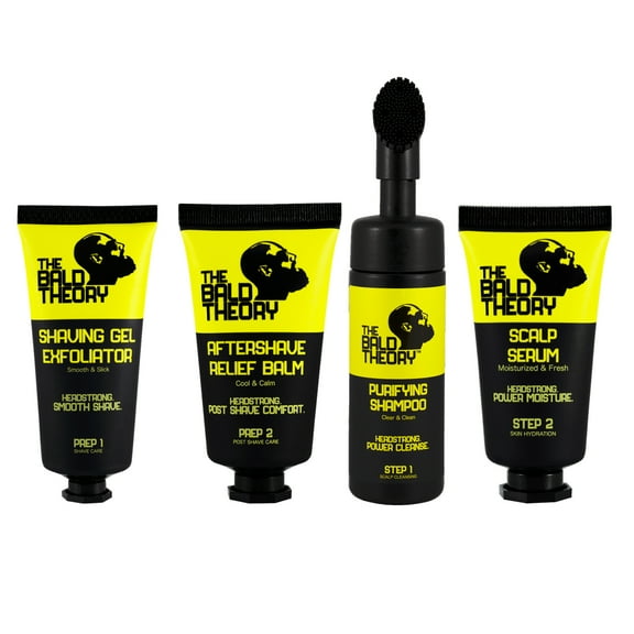 The Bald Theory Complete Scalp Kit, Shaving Gel Exfoliator, Aftershave Relief Balm, Scalp Healing Serum & Purifying Organic Shampoo. Hyaluronic Acid, Salicylic Acid, Tea Tree & Mint Oil & Aloe Vera