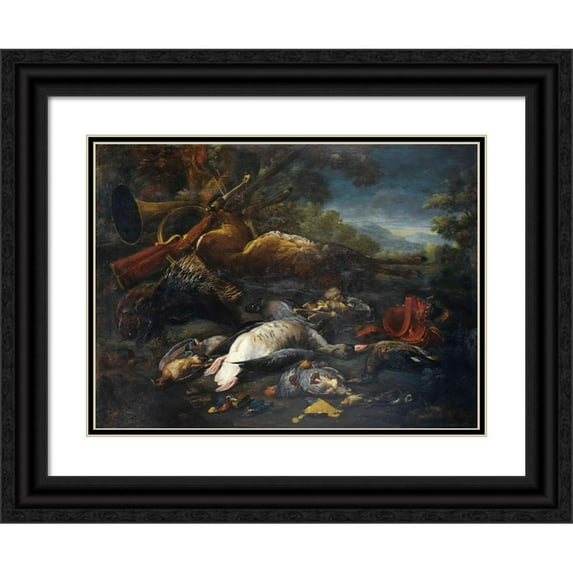 Baldassarre De Caro 24x19 Black Ornate Framed Double Matted Museum Art Print Titled: Still Life with Hunting Trophies and a Porcupine