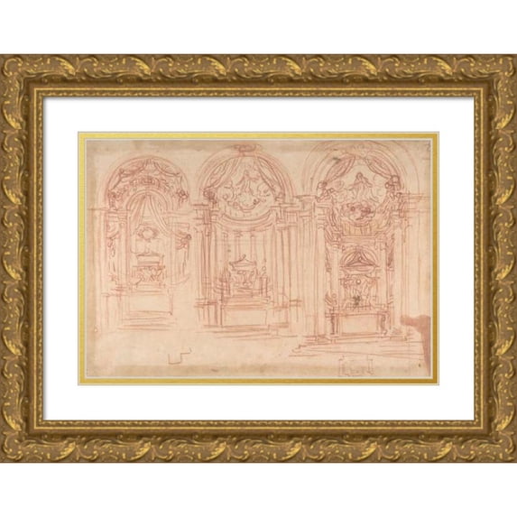 Baldassarre Franceschini 24x17 Gold Ornate Framed and Double Matted Museum Art Print Titled - Design for a Catafalgue Used on the Occasion of the Canonization of Saint Mary Magdalen De’ Pazz