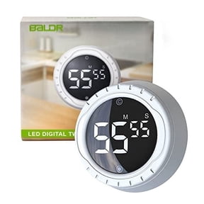 Baldr Kitchen Timer, Digital, Countdown and count up, Rotating Display, Quiet Beeping Alerts, Magnetic Back, White, for Kitchen and Classroom