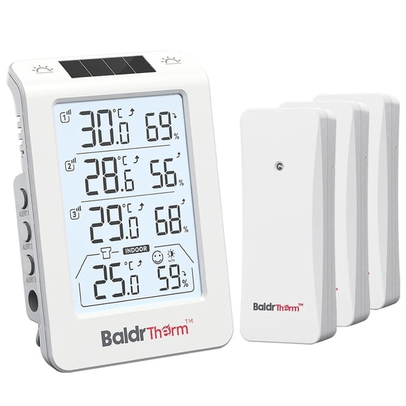 BaldrTherm Three Channel Thermo-Hygrometer, Wireless Temperature & Humidity Monitor, 3 Sensors Included