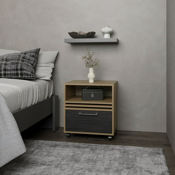 Baldwin City 15.7" Light Oak & Black Engineered Wood Nightstand with Caster Wheels - Modern Bedroom Furniture, Durable & Stylish, Made in Colombia
