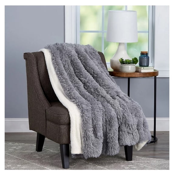 Baldwin Faux-Rabbit Reversible Gray Oversized Throw 60"X70"
