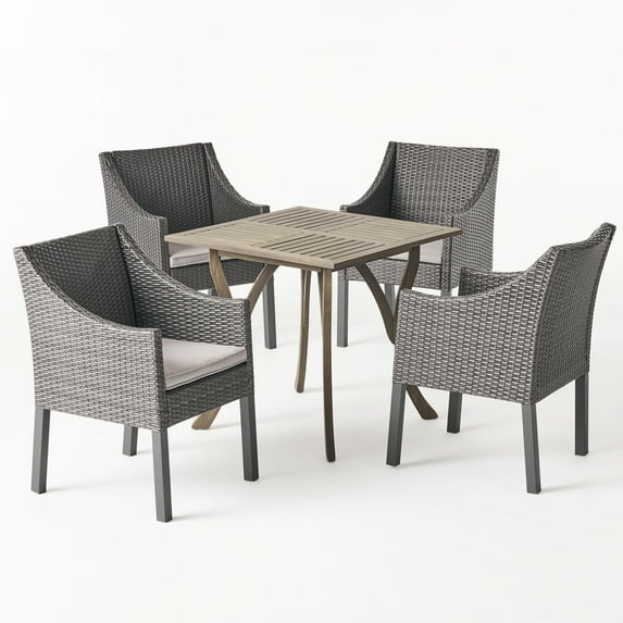 Baldwin Outdoor Acacia Wood and Wicker 5 Piece Dining Set with Cushions, Gray and Light Gray