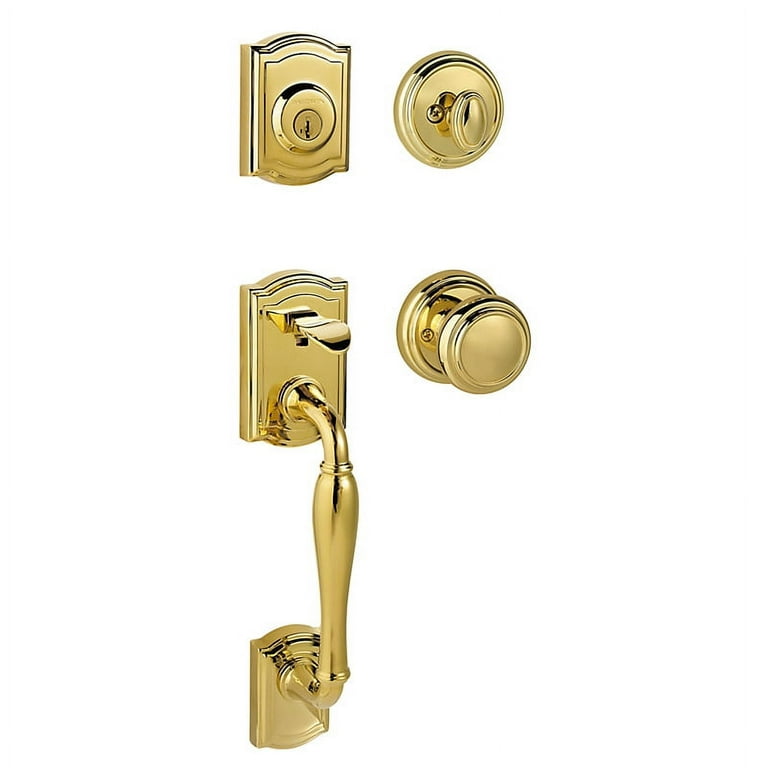 Baldwin Prestige Wesley Single Cylinder Polished Brass Exterior Door Handleset and Alcott Entry Knob Featuring SmartKey Security Baldwin Prestige Wesley Single Cylinder Polished Brass Exterior Door Handleset and Alcott Entry Knob Featuring SmartKey Security