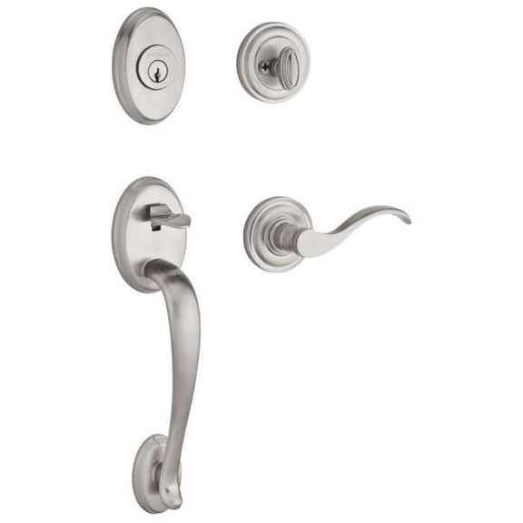 Baldwin Reserve SCCOLXCURRTRR150S Single Cylinder Columbus Handleset Right Hand Curve Lever and Traditional Round Rose with 6AL Latch; Dual Strike; and SmartKey Satin Nickel Finish