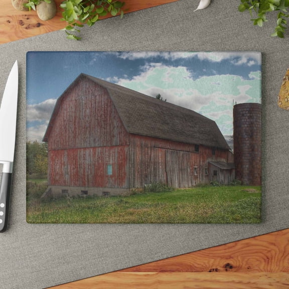 U R There Photography Baldwin Road Red Rustic Farmhouse Tempered-Glass Cutting Board 11"x 15"