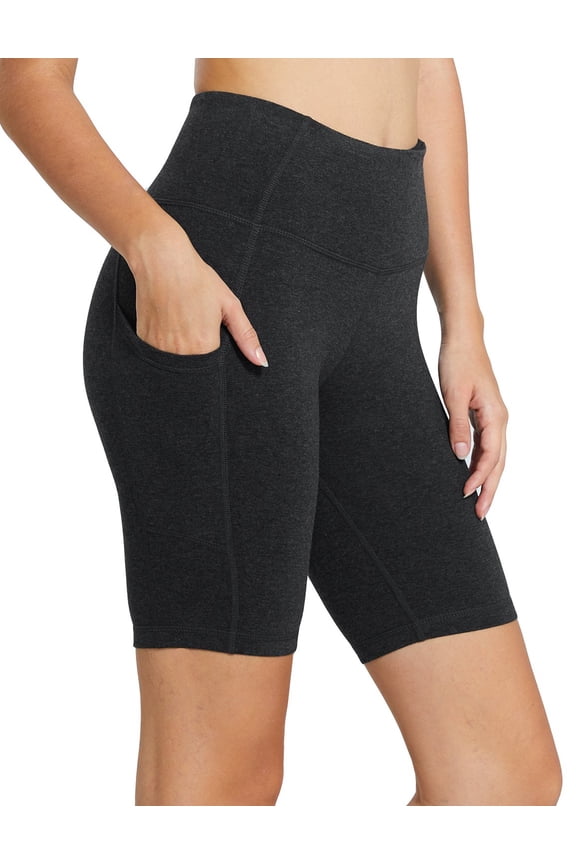 Biker Shorts Women Yoga Gym Workout Spandex Athletic Running Volleyball Tummy Control Compression with Pockets 8" Deep Gray Size L