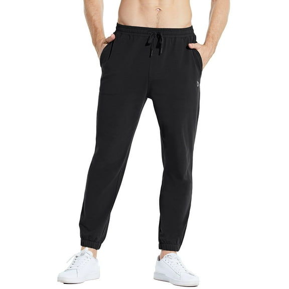 Baleaf Men's 27" Cotton Lounge Casual Pants Lightweight Joggers Sweatpants Workout Pocketed Pajamas 7/8 Length Black Size S