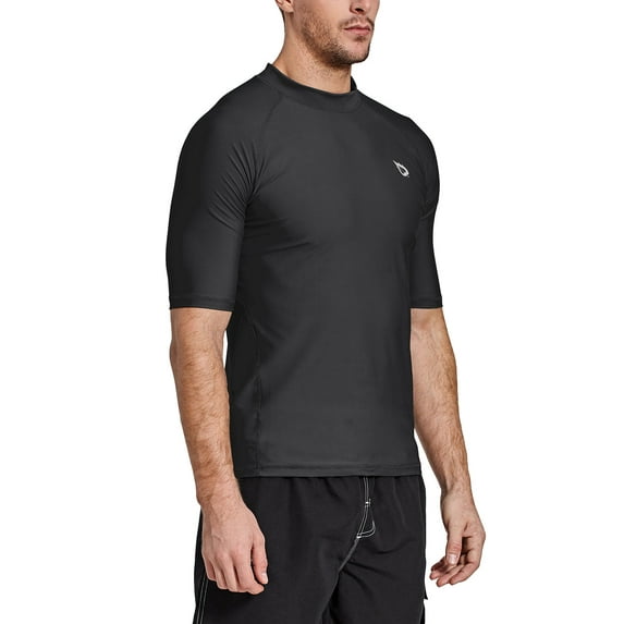 Baleaf Men's Rash Guard Short Sleeve Swim Shirt UPF 50+ Sun Protection Quick Dry Compression Shirt Rashguard Black Size XXXL