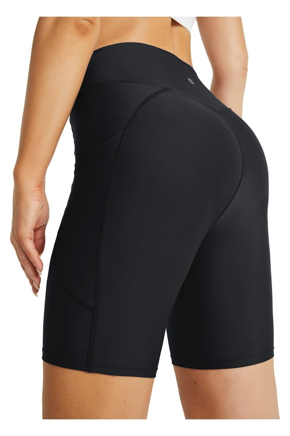 Women's 8 High Waisted Swim Shorts Bottoms Tummy Control Rash Guard Shorts with Pockets Long Swimsuits UPF 50+ Black L