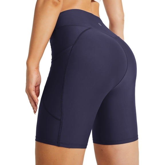 Baleaf Women's 8 High Waisted Swim Shorts Bottoms Tummy Control Rash Guard Shorts with Pockets Long Swimsuits UPF 50+ Navy Blue XL
