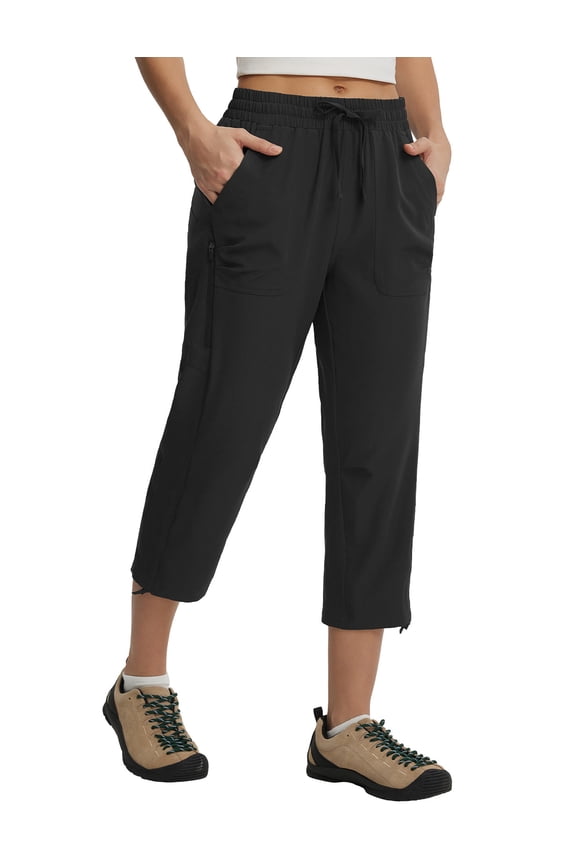 Women's Capri Pants with Zipper Pocket Lightweight Quick Dry Water Resistant Capris Hiking Travel Casual UPF50+ Black L