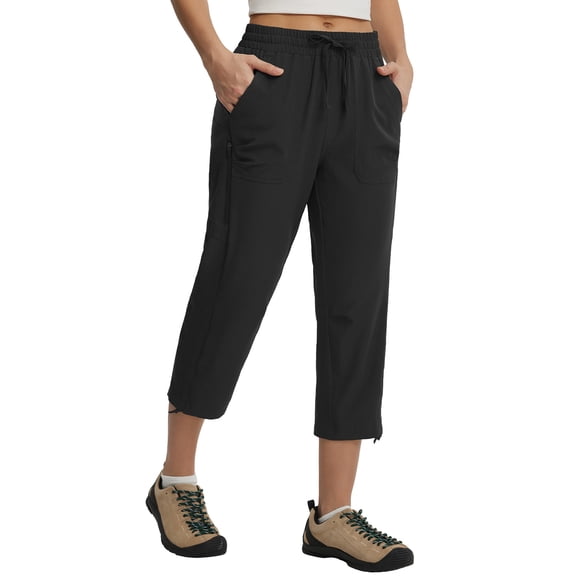 Baleaf Women's Capri Pants with Zipper Pocket Lightweight Quick Dry Water Resistant Capris Hiking Travel Casual UPF50  Black XL