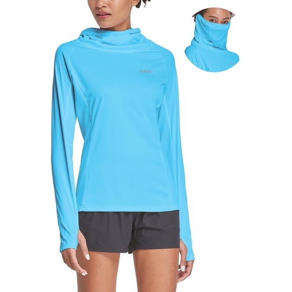 Baleaf Women's Hiking Long Sleeve Shirts with Face Cover Neck Gaiter UPF 50+ Lightweight Quick Dry SPF Fishing Running Hoddie Blue Size L