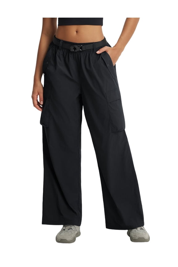 Women's Lightweight Pants Quick Dry Wide Leg Hiking Water Resistant with 4 Pockets Travel Baggy Parachute Cargo Pant Black 2XL