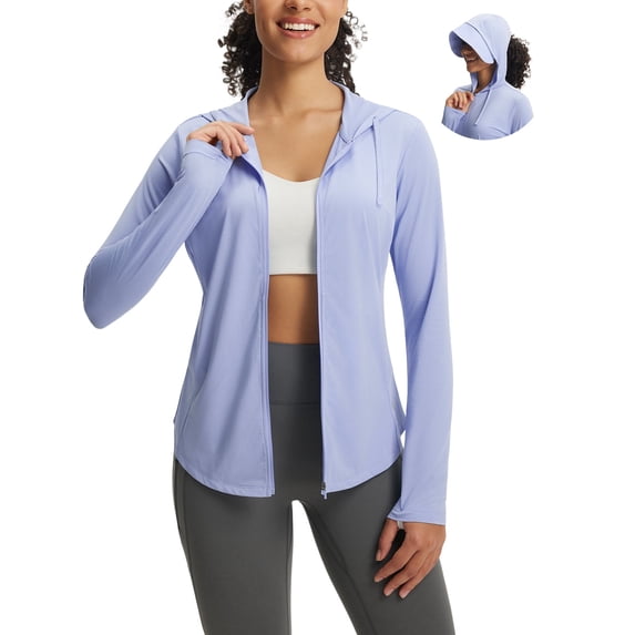 Baleaf Women's Sun Jacket with Removable Brim UPF 50+ Lightweight UV SPF Shirts Long Sleeve Full Zip Up Hoodie Outdoor Hiking Light Blue XL