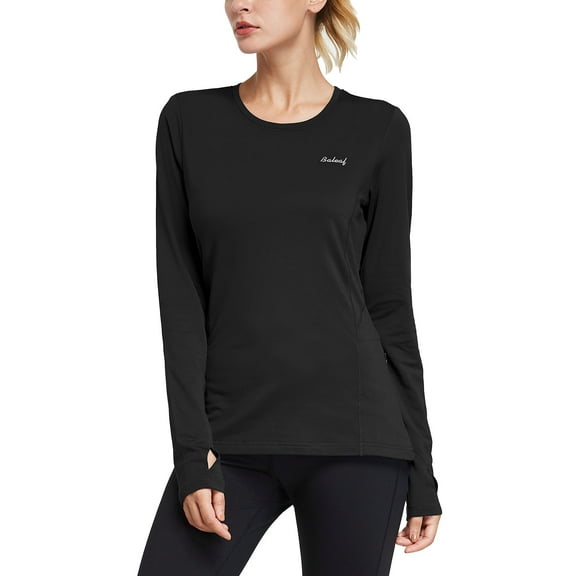 Baleaf Women's Thermal Fleece Tops Long Sleeve Running t-Shirt with Thumbholes Zipper Pocket Black Size XL