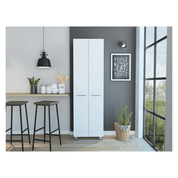 Baleare Pantry Cabinet, Five Interior Shelves, Four Legs -White Freestanding + White + Kitchen + Modern + Particle Board + Particle Board