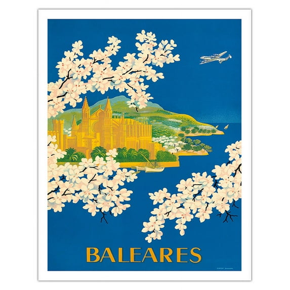 Balearic Islands Spain - Cathedral of Santa Maria of Palma Mallorca - La Seu - Vintage Airline Travel Poster by Lucien Boucher c.1951 - Fine Art Matte Paper Print (Unframed) 11x14in