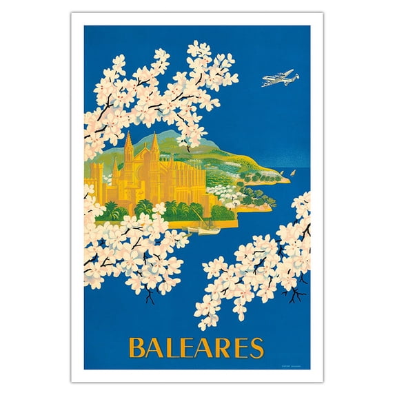 Balearic Islands Spain - Cathedral of Santa Maria of Palma Mallorca - La Seu - Vintage Airline Travel Poster by Lucien Boucher c.1951 - Fine Art Matte Paper Print (Unframed) 30x44in