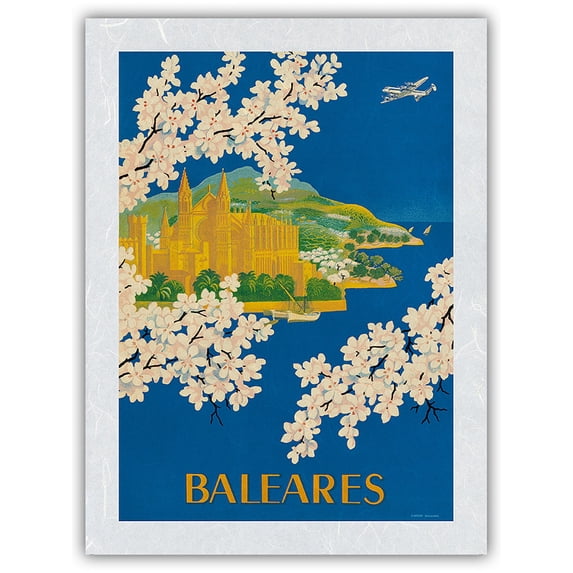 Balearic Islands Spain - Cathedral of Santa Maria of Palma Mallorca - La Seu - Vintage Airline Travel Poster by Lucien Boucher c.1951 - Japanese Unryu Rice Paper Art Print (Unframed) 12 x 16 in