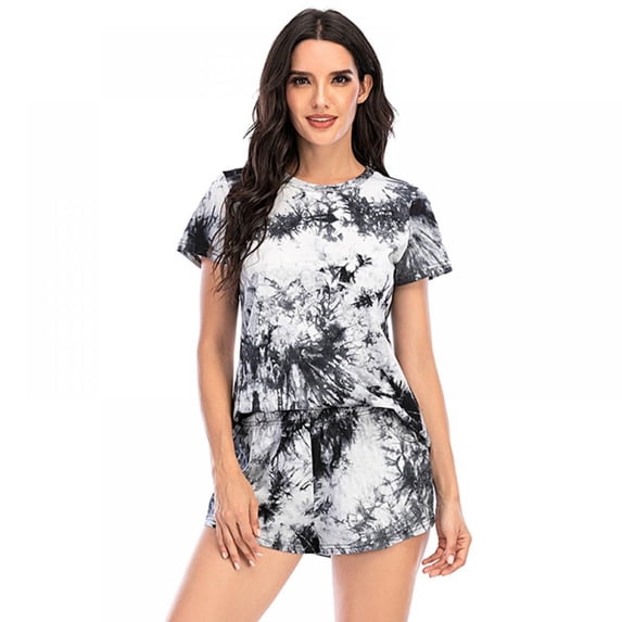 Balems Female Tie Dye Pijamas Suit Elastaic Solid Casual Home Wear Short Sleeve Cotton Sleep Tops(Black+white)