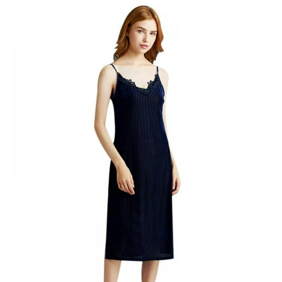 Balems Ladies Navy blue Sling Velvet Lace Sleeveless Pajamas V-neck Casual Suspenders Skirt Size S-XL