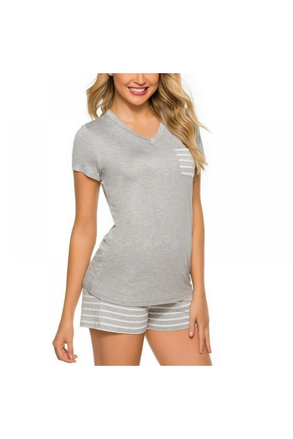 Summer 2020 Pajamas Striped V-neck Short Sleeve Shorts Two-piece Suit Home Service Women Tracksuit