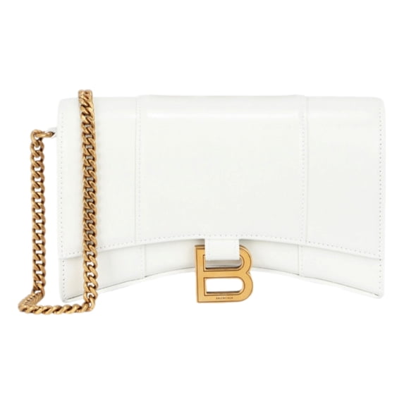 Balenciaga Hourglass Wallet on Chain White Calfskin Leather 656050 Gold Logo Crossbody Bag Made in Italy