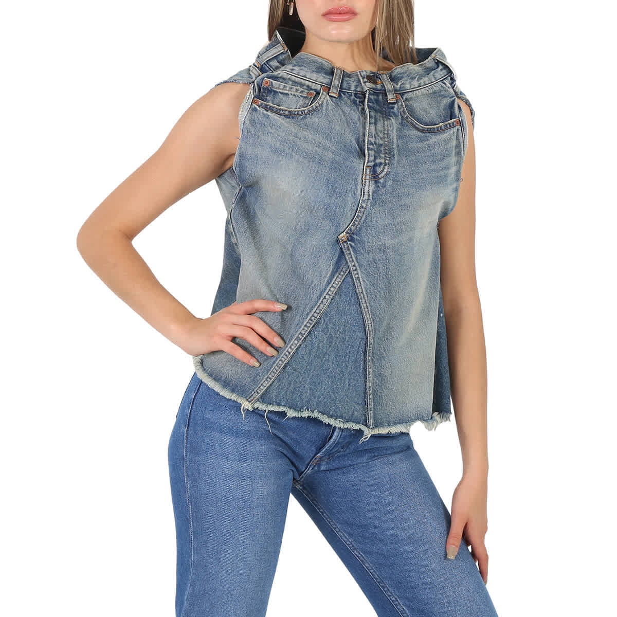 Balenciaga Ladies True Blue Sleeveless Denim Asymmetrical Top